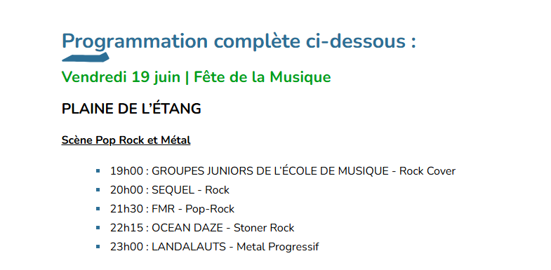 Programmation de la scène Pop Rock et Métal, Fête de la Musique 2026 à Beynes, vendredi 19 juin.