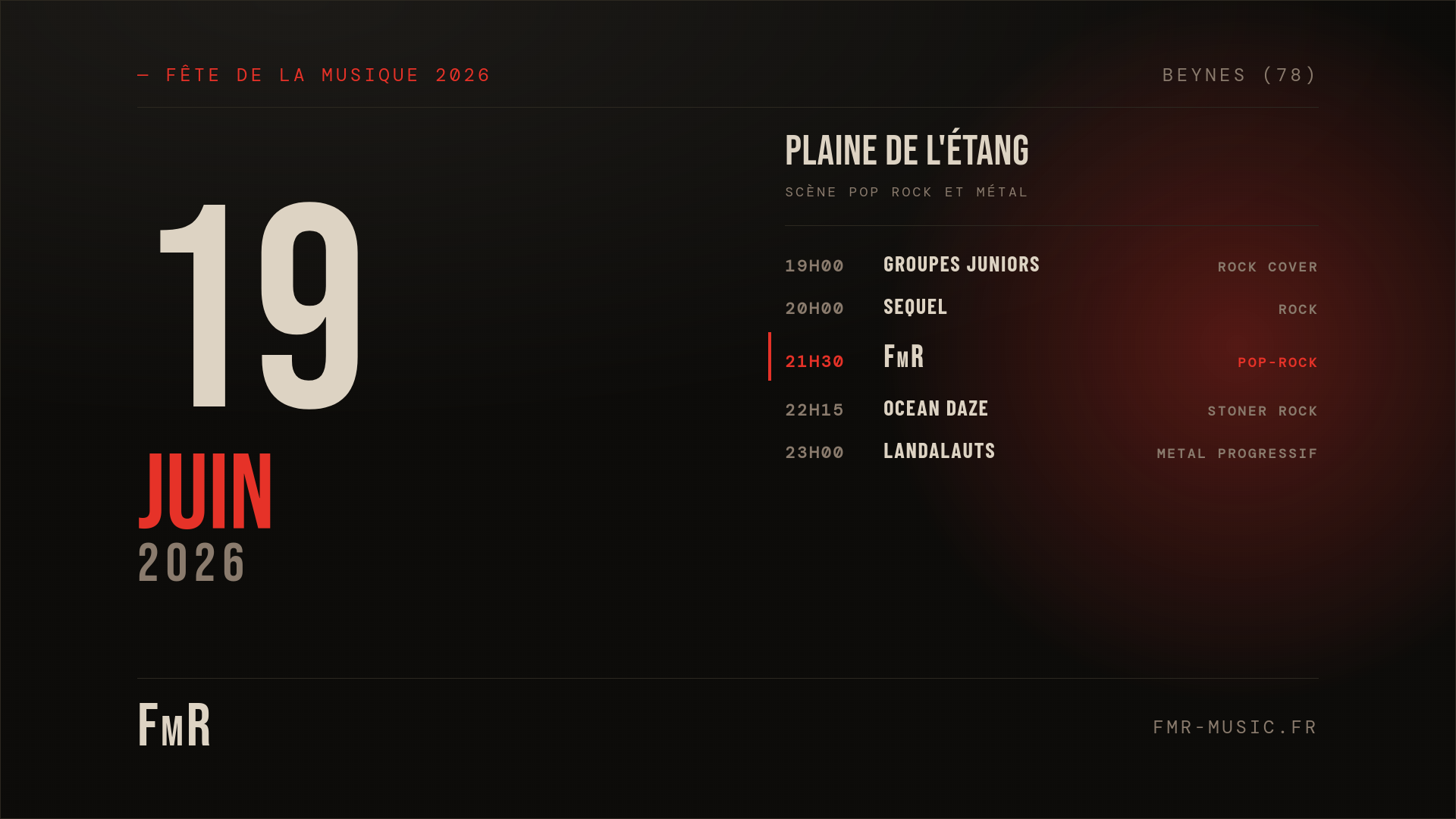 Programmation de la scène Pop Rock et Métal, Fête de la Musique 2026 à Beynes, vendredi 19 juin.