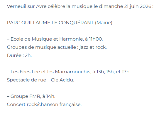 Programmation officielle de la mairie de Verneuil pour la Fête de la Musique 2026