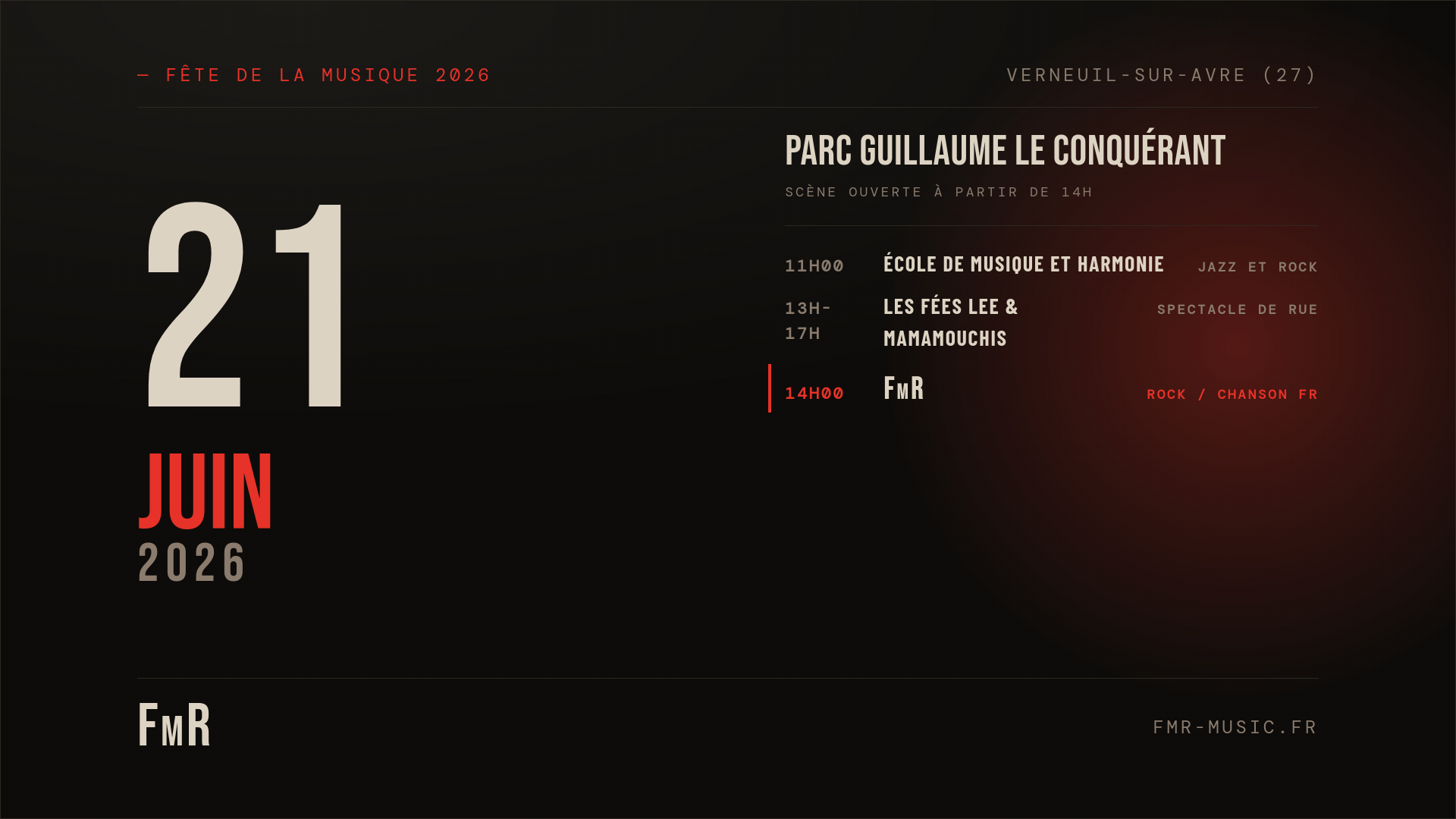 FmR pour la Fête de la Musique 2026 à Verneuil-sur-Avre, dimanche 21 juin à 14h au Parc Guillaume le Conquérant